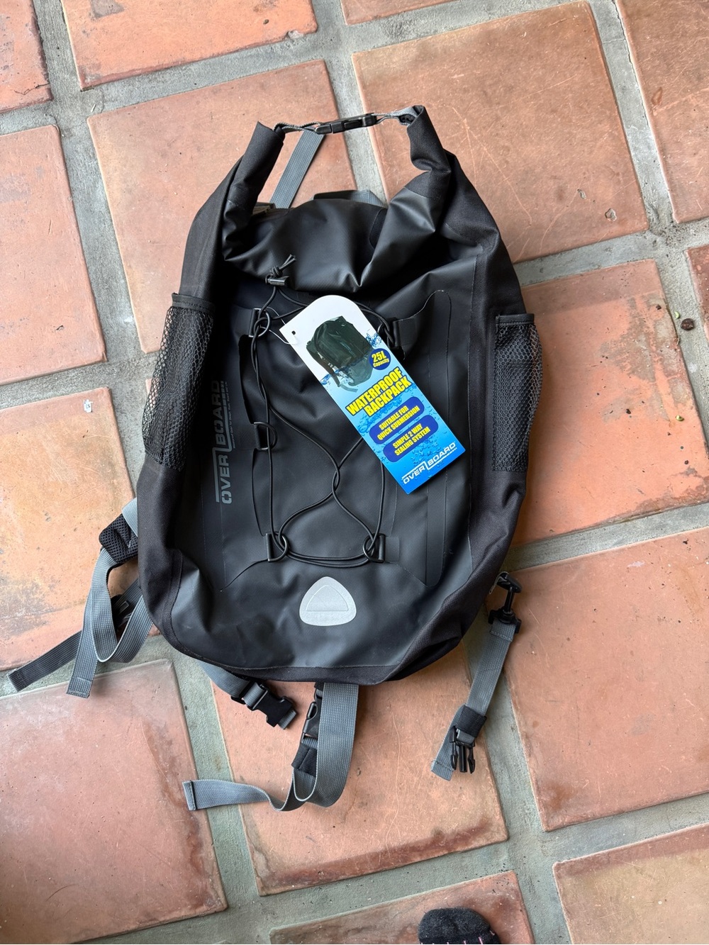 Water-Resistant Black Roll-Top Backpack —